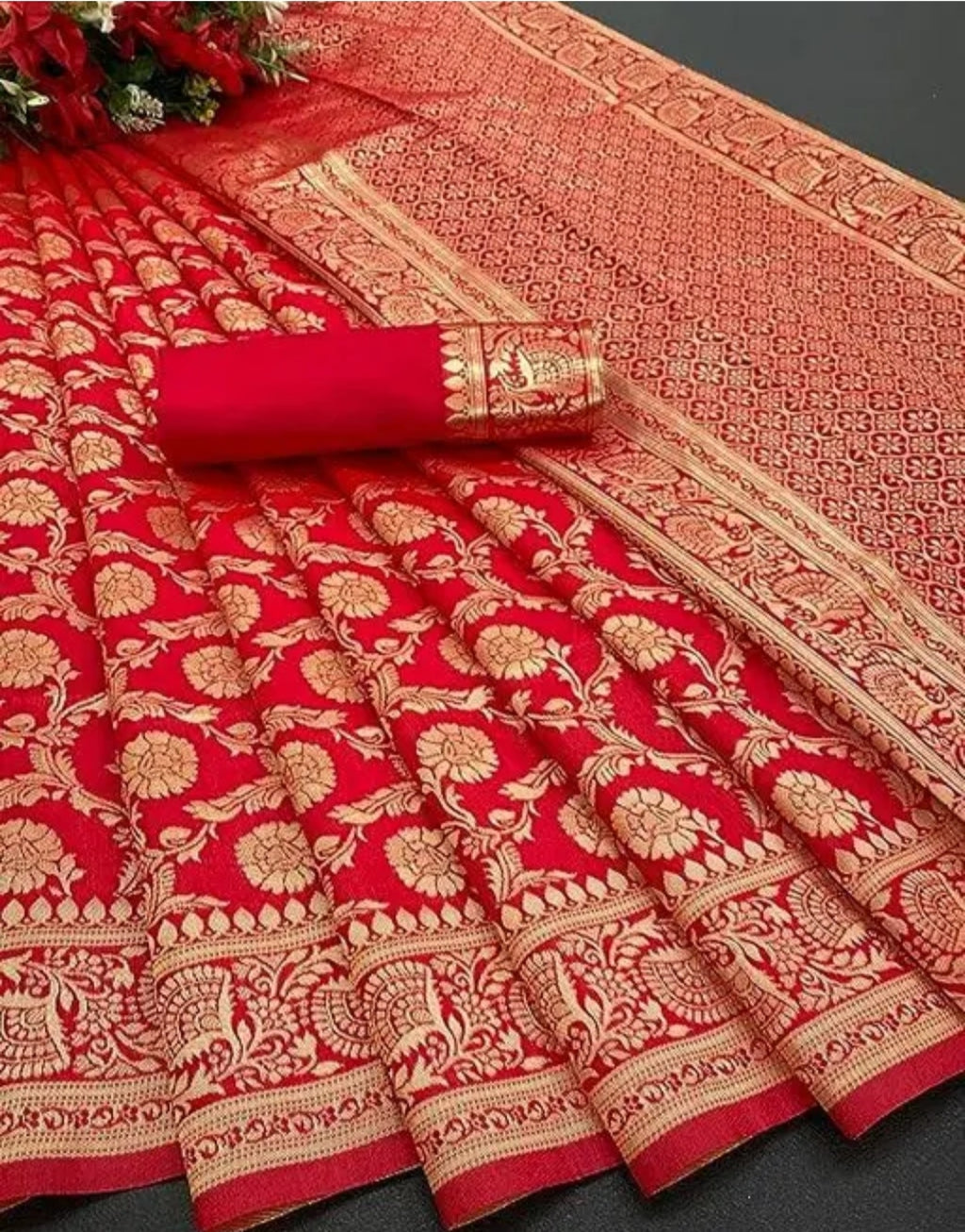 SWAMI STUDIO Jeqward Banarasi Silk Saree -- Red Bridal Wedding W...