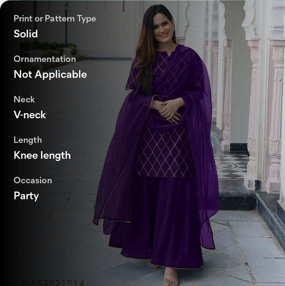 Women's Trendy Design Top Selling Cotton Kurta Sharara Set With Dupatt...