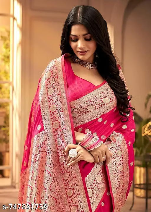 Women's Kanjivaram Soft Banarasi Silk saree WithBlouse Piece Pink