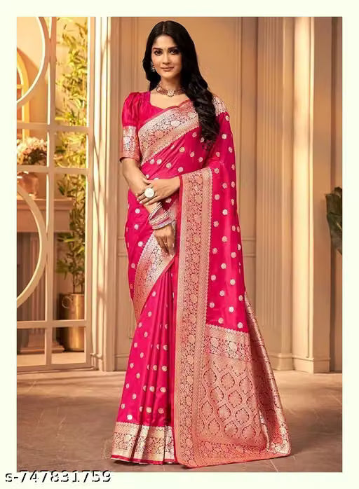 Women's Kanjivaram Soft Banarasi Silk saree WithBlouse Piece Pink