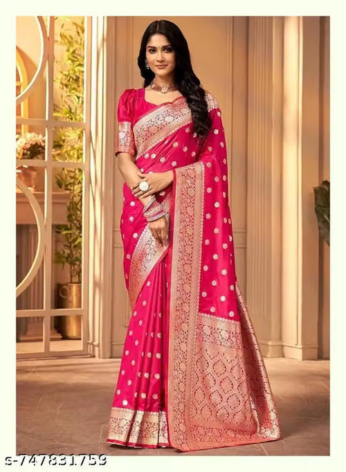 Women's Kanjivaram Soft Banarasi Silk saree WithBlouse Piece Pink